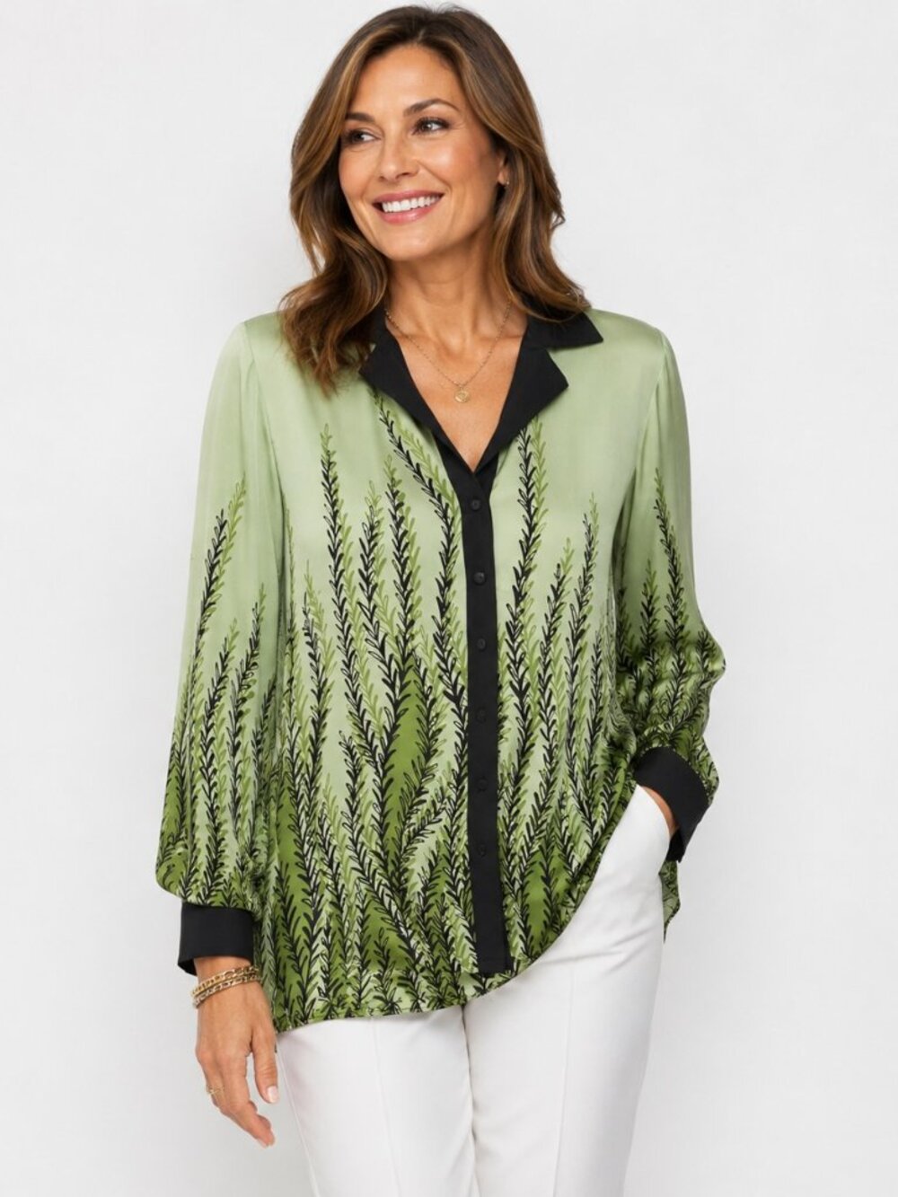 Bob Mackie Wearable Art Silk Blouse Womens S Green Black Botanical Button Front